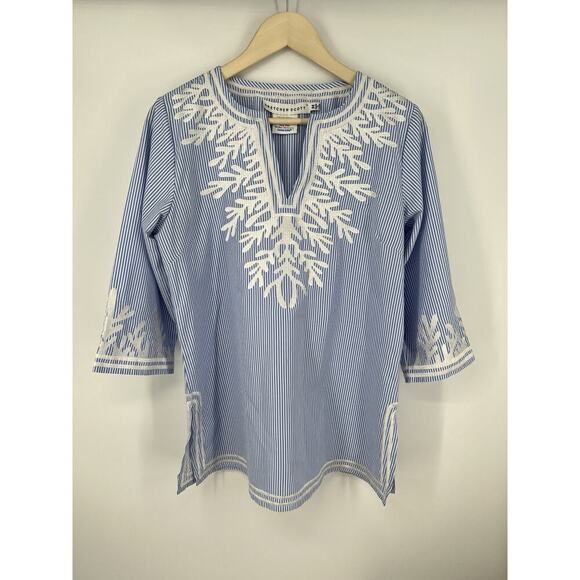 Gretchen Scott Striped Tunic Top Size Medium Blue White Embroidery - Picture 1 of 6